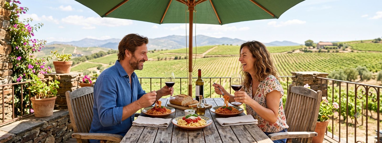 Casal almoçando massa e vinho em um terraço com vista para os parreirais da Rota da Uva, em Jundiaí