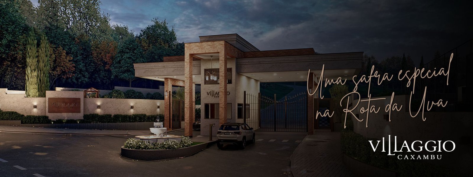 Portaria iluminada do Villaggio Caxambu, loteamento fechado na Rota da Uva, em Jundiaí — uma safra especial na Rota da Uva